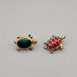 Vintage Turtle Brooch Set - Gold w Green and Red Small Pins Rhinestones